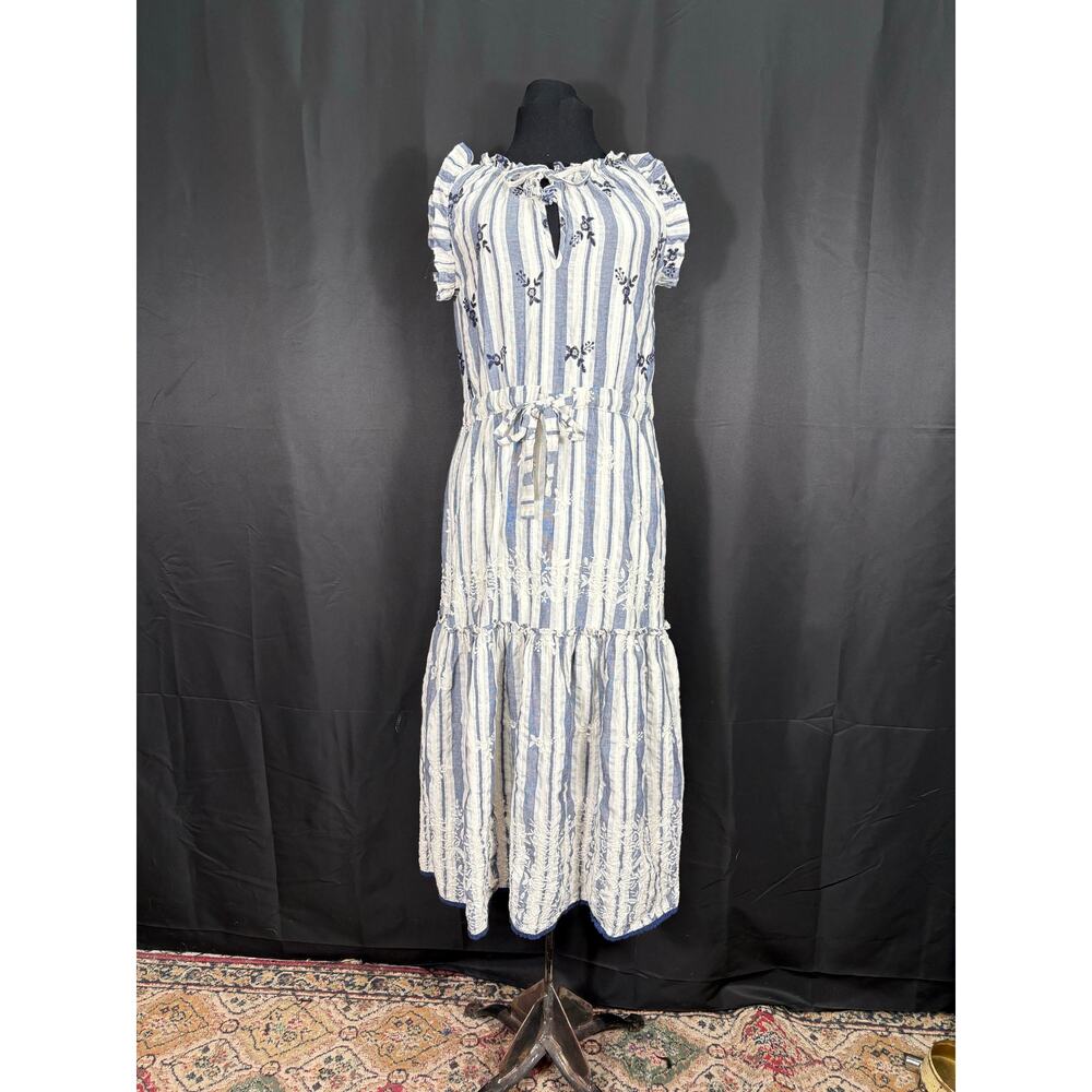 Misa Los Angeles, Large, Boho Dress, Ruffles, Blue & Cream Embroidered Flowers